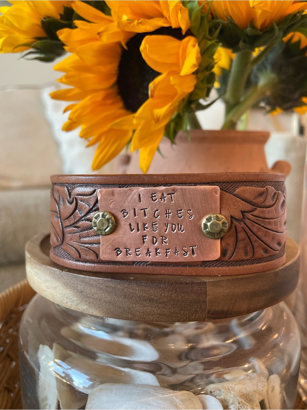 Handcrafted Brown Leather Bracelet with Copper Plate